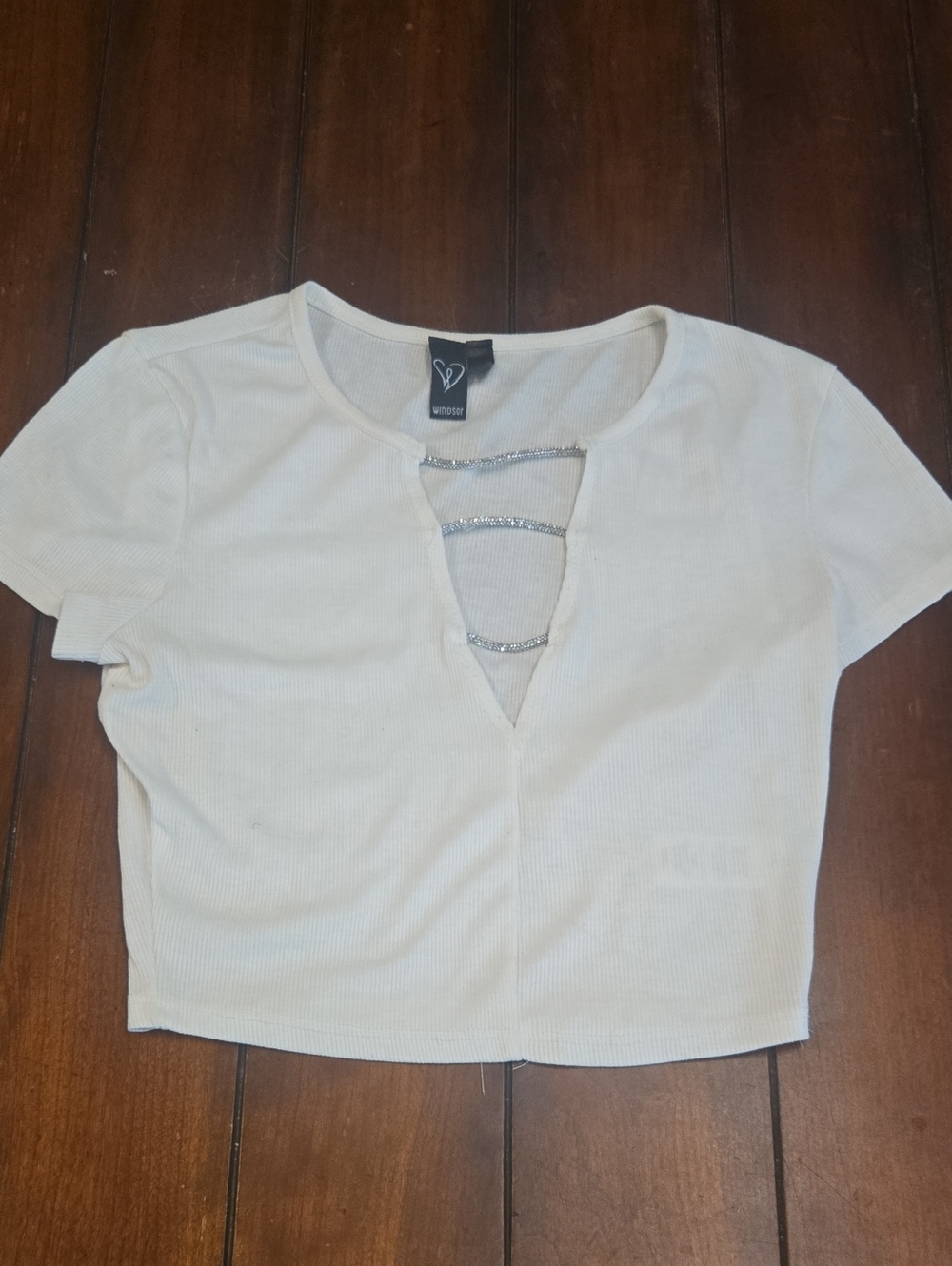 Windsor White Ribbed Crop Top with Rhinestone Ladder Cutout